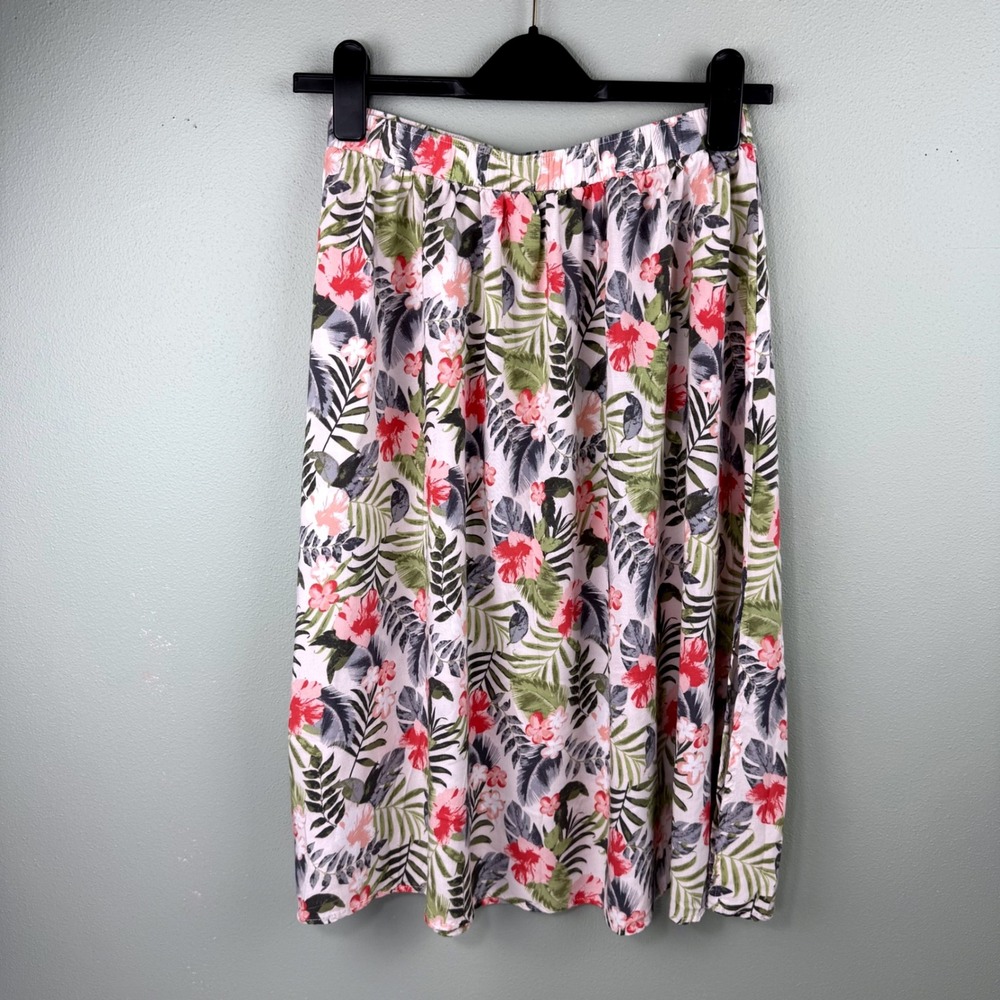Hollister Tropical Floral Midi Skirt Womens Medium Pink Green Hibiscus Palm Leaf